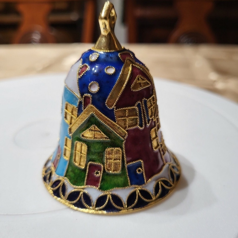 Colorful VTG Enamel Cloisonné Bell with Gold Accents Christmas